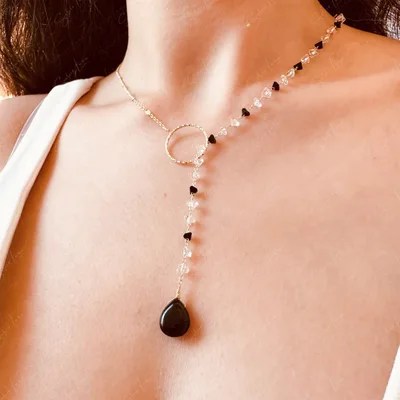 Teardrop black agate asymmetric bead chain Lariat necklace — product image 1