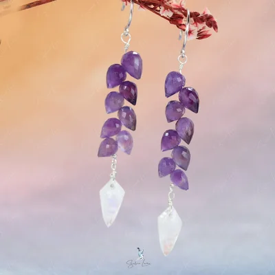 Teardrop Amethyst and arrow rainbow moonstone handmade earrings — product image 1