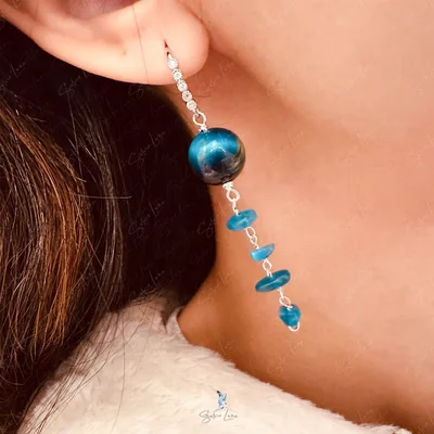 Blue tiger eye apatite bead cascade dangle drop earrings — product image 1